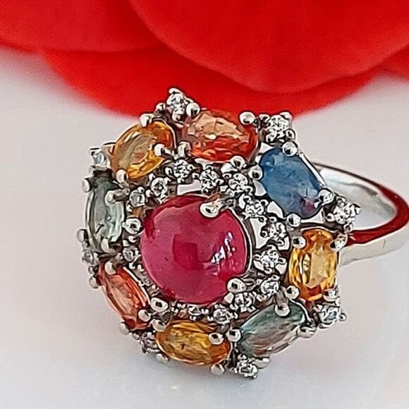 Natural Round Ruby 7mm & Multi-color Sapphire 925 Sterling‎ Silver Ring Sz 6 - Picture 7 of 7
